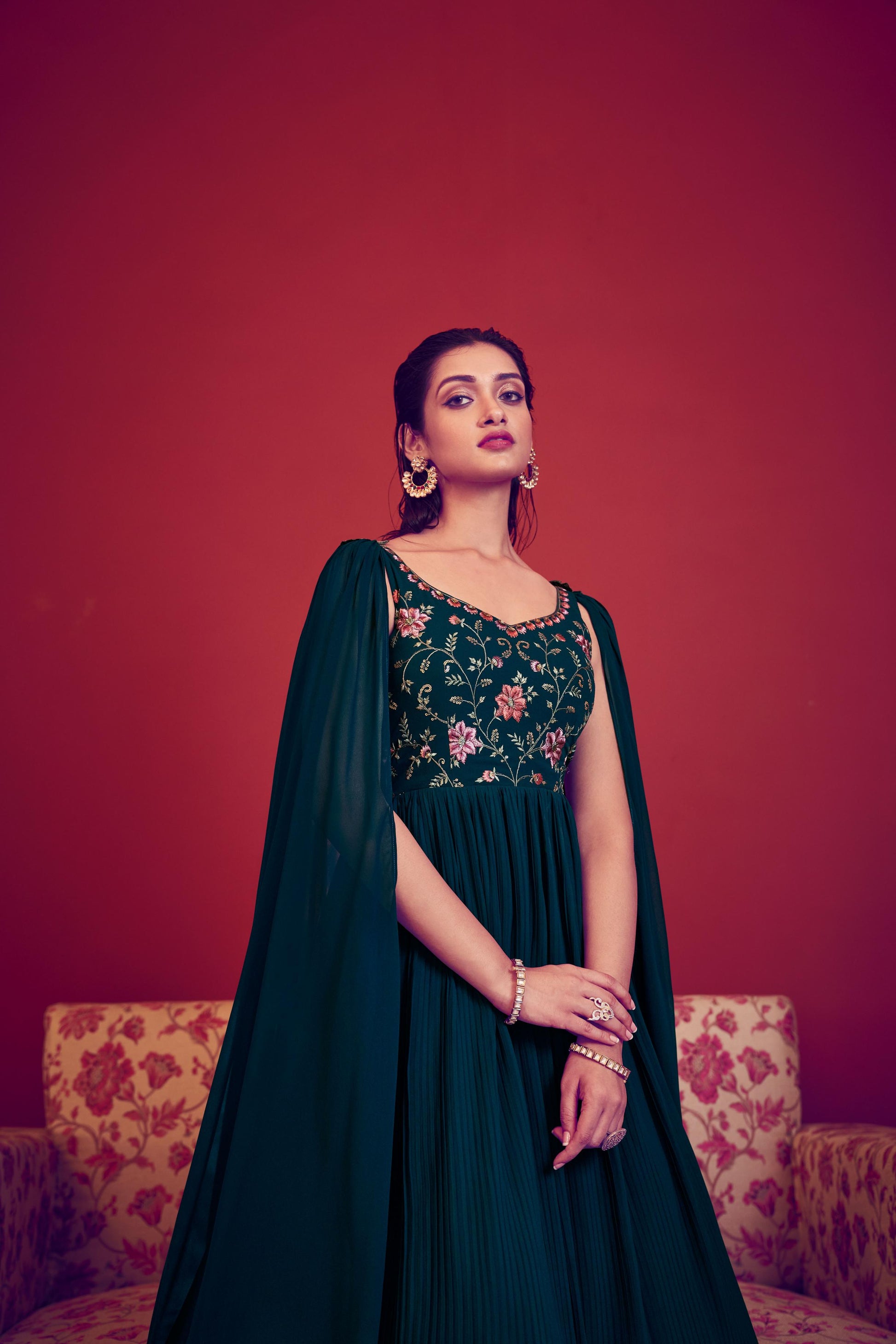 Teal blue georgette gown for women