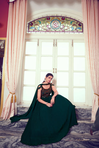 Women green color fabric georgette gown with sleeves