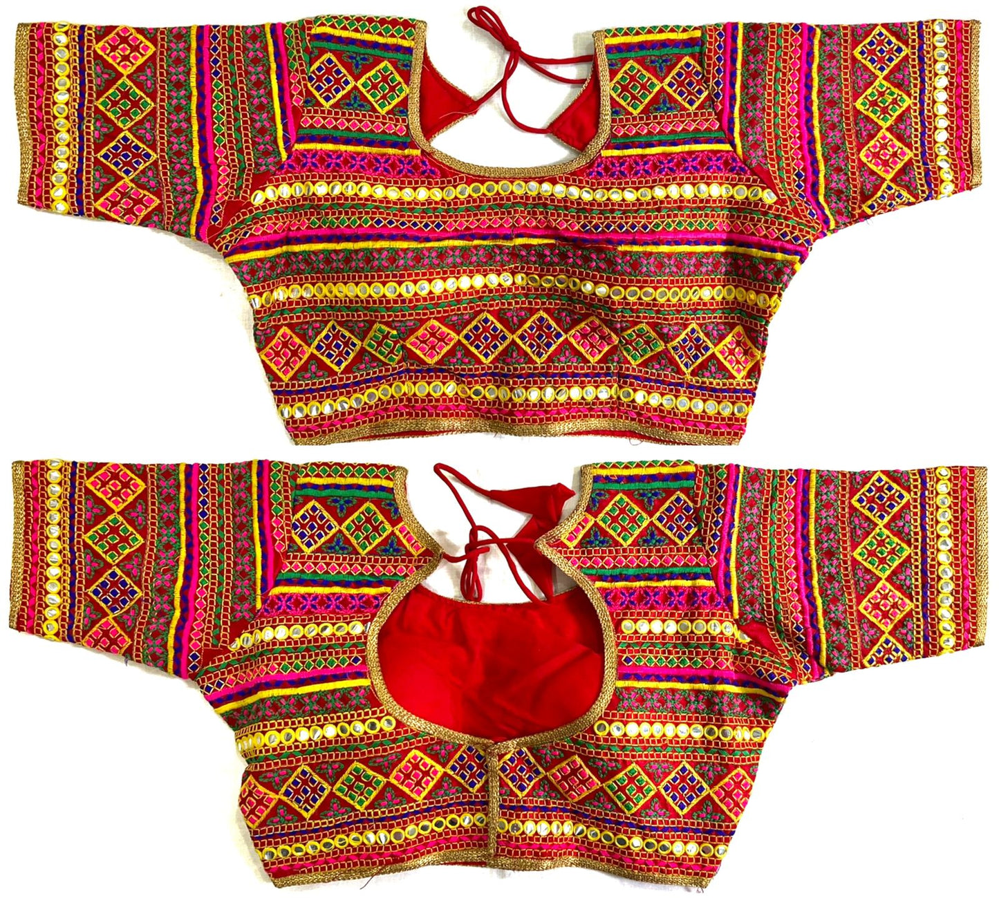 Red color silk mirror work blouse images