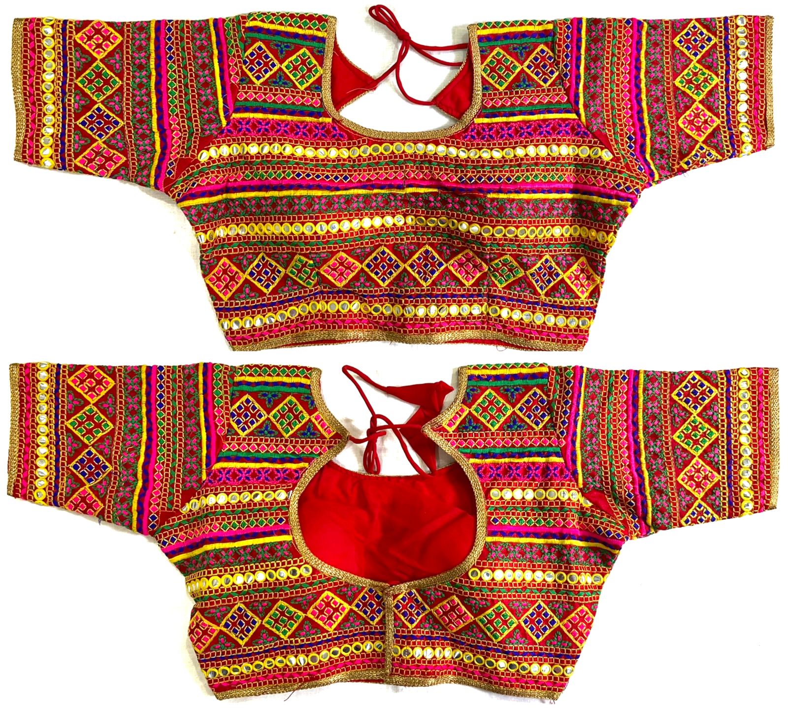 Red color silk mirror work blouse images