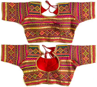 Red color silk mirror work blouse images