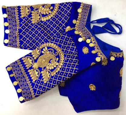 Blue color silk codding work sarees blouse images