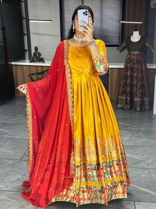 Yellow color dola silk gown with dupatta