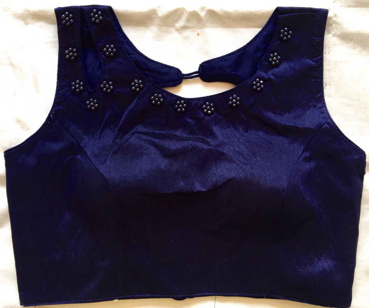 Navy blue color phantom silk moti work blouse images