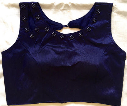 Navy blue color phantom silk moti work blouse images