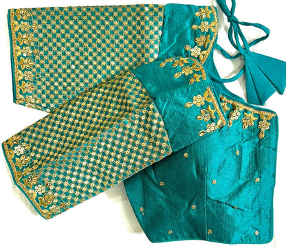 Rama color phantom silk sarees blouse images