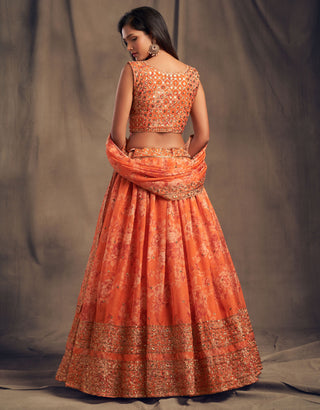 Orange Organza Printed Party Wear Lengha Choli For Women