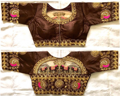 Brown color malbari silk embroidery work blouse for wedding
