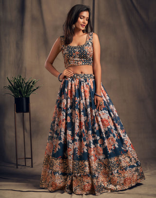 Blue Color Organza Printed Wedding Lehenga Choli