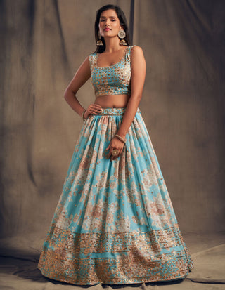 sky blue lehenga for wedding guest