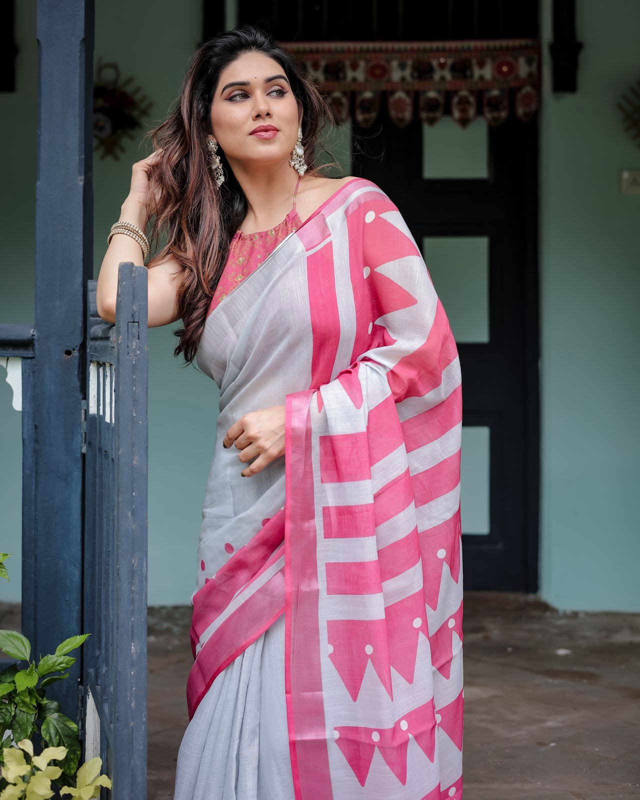 Grey color linen saree with blouse online