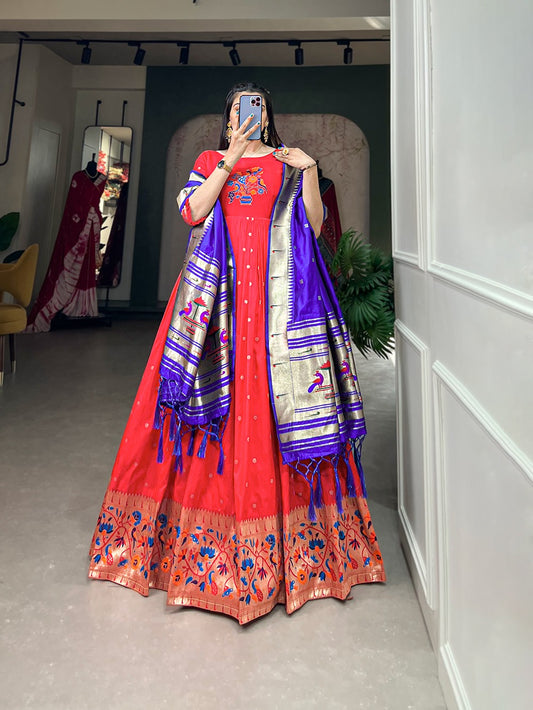 Red color jacquard silk long gown
