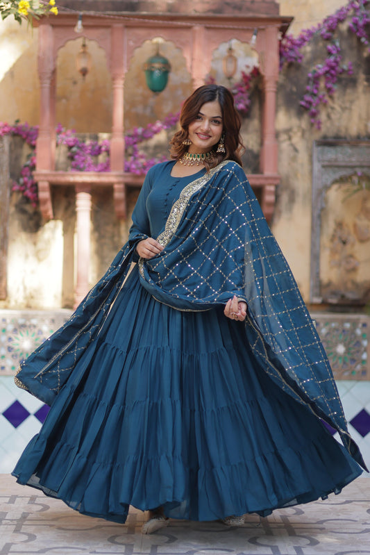 Teal blue color georgette gown for women online
