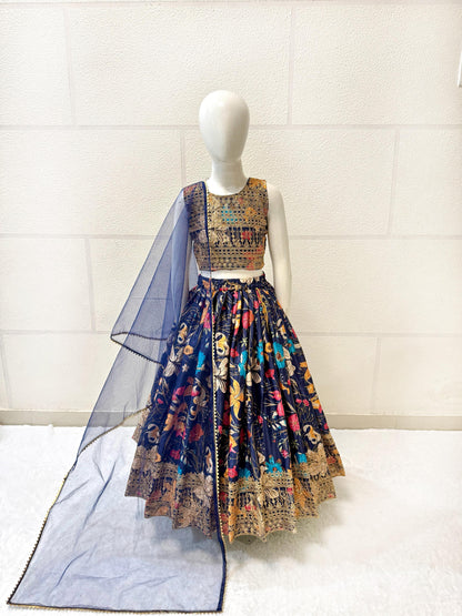 Blue color chinon silk kids lehenga choli