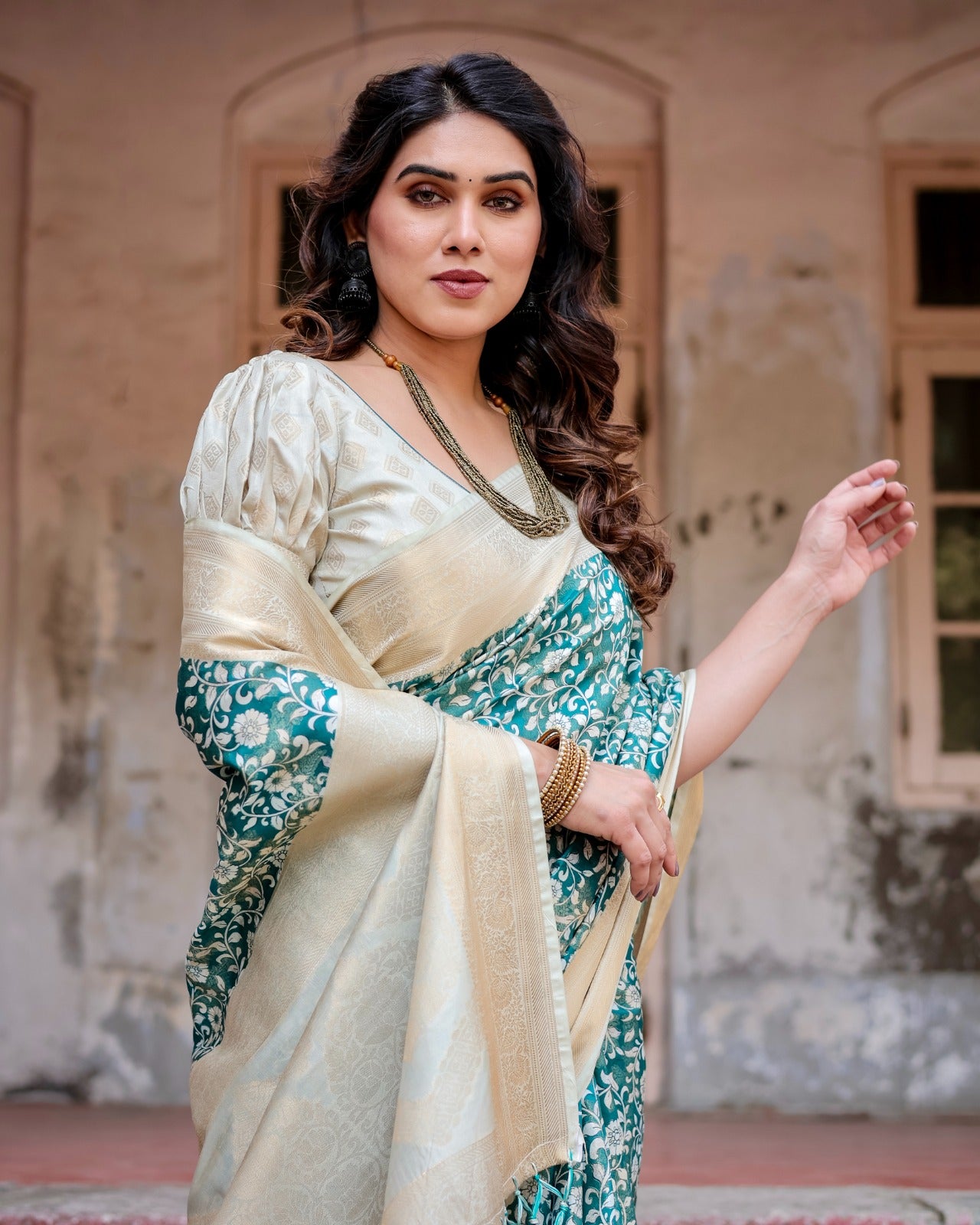 Teal green color linen printed saree with blouse