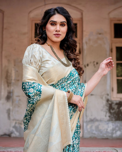 Teal green color linen printed saree with blouse