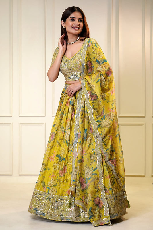 Yellow color organza lehenga choli for women