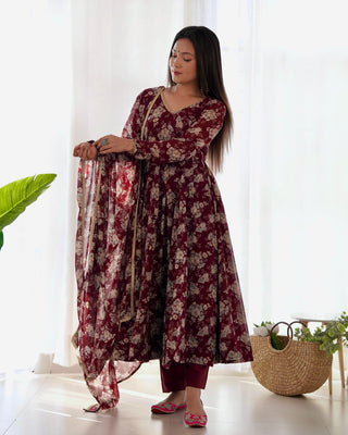 Long sleeve maroon georgette gown for women
