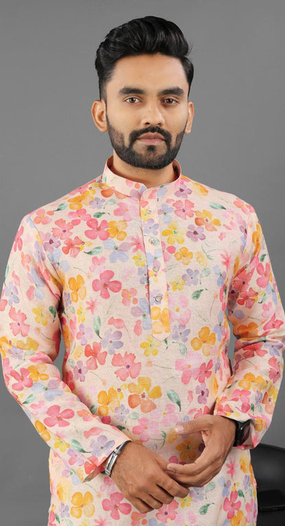 Pink color linen kurta for men's