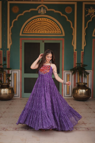 Purple gown For bandhani printed