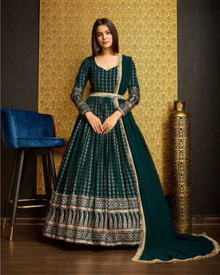 Bollywood Style Green Georgette Gown With Dupatta For Women