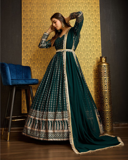 Bollywood Style Green Georgette Gown With Dupatta For Women