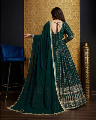 Bollywood Style Green Georgette Gown With Dupatta For Women