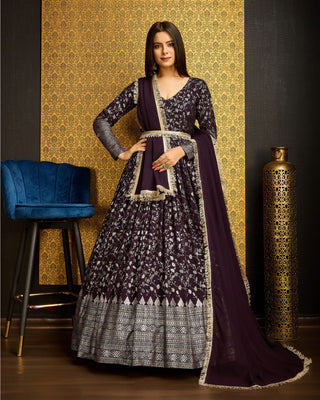 Maxi purple georgette gown with dupatta for women