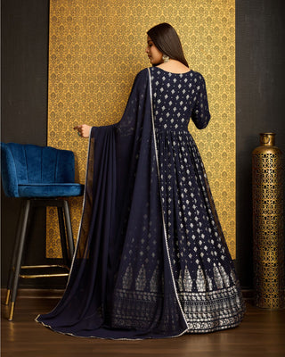 Alluring Designer Navy Blue Georgette Gown With Dupatta