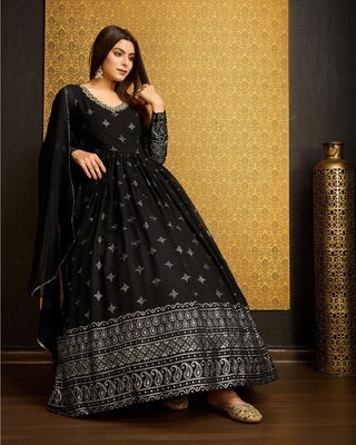 Long sleeve black georgette gown for women