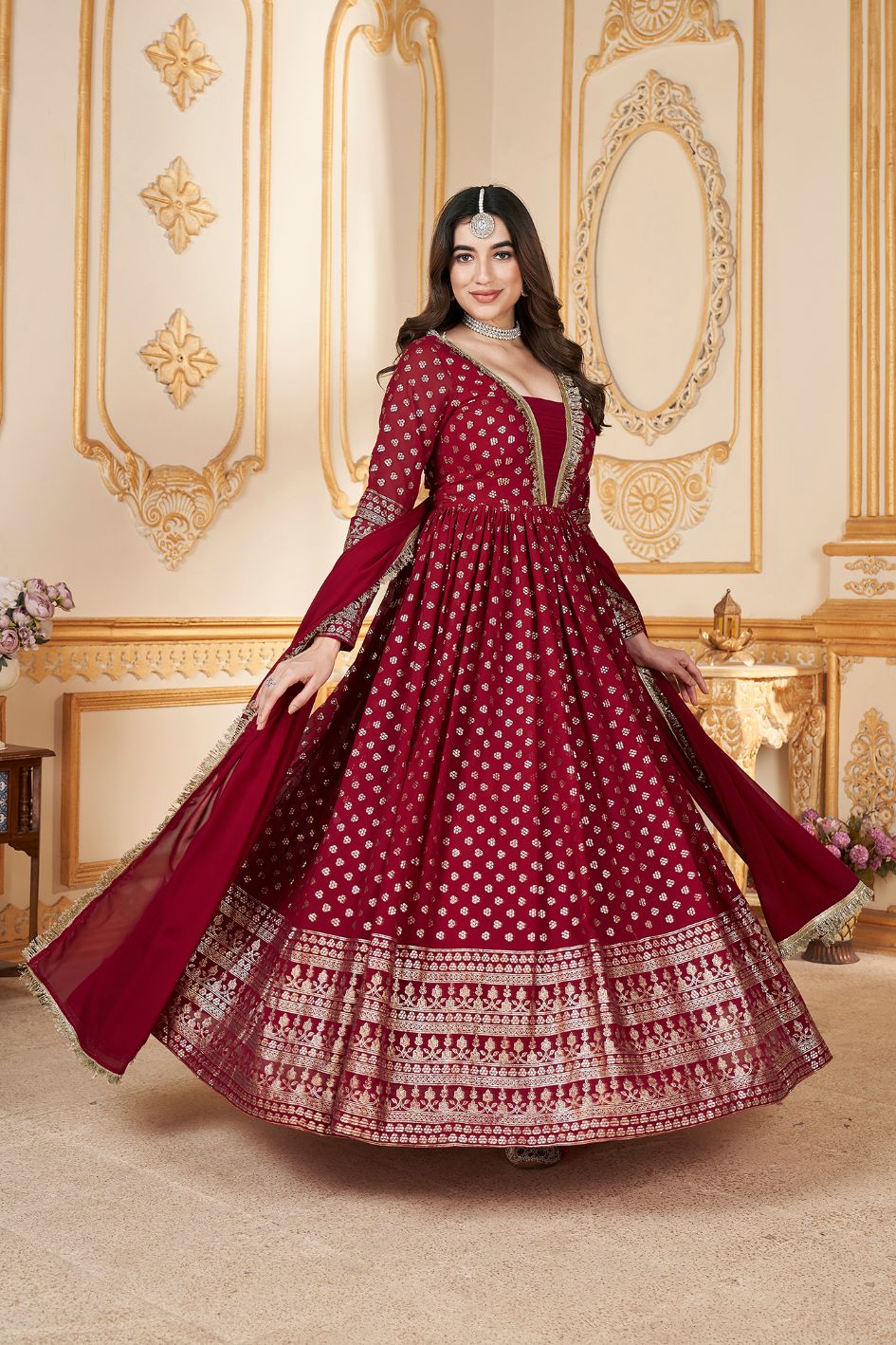 Wedding Party Wear Red Gown with Dupatta for Women M / Red Wedding Party Wear Red Gown with Dupatta for Women M / Red