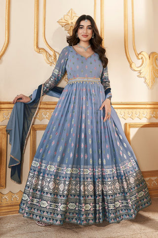 Formal & gown women long sleeve blue color georgette gown price