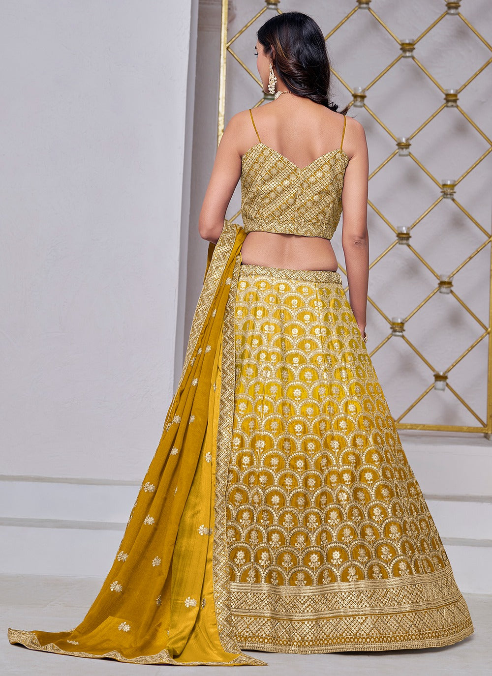 Yellow chinon lehenga choli for wedding