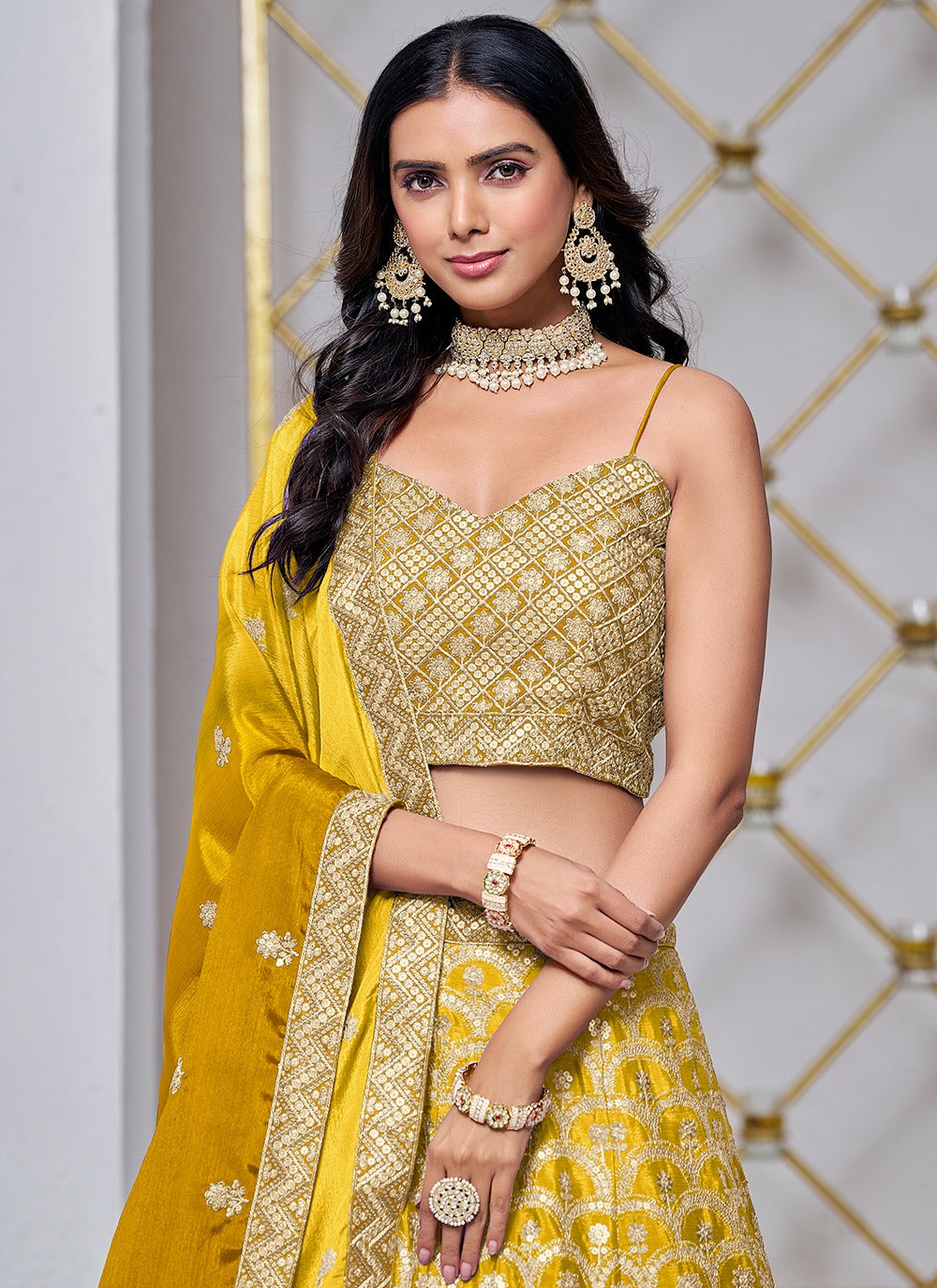 Yellow chinon lehenga choli online