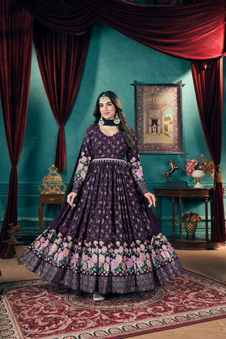 Women faux georgette gown purple color