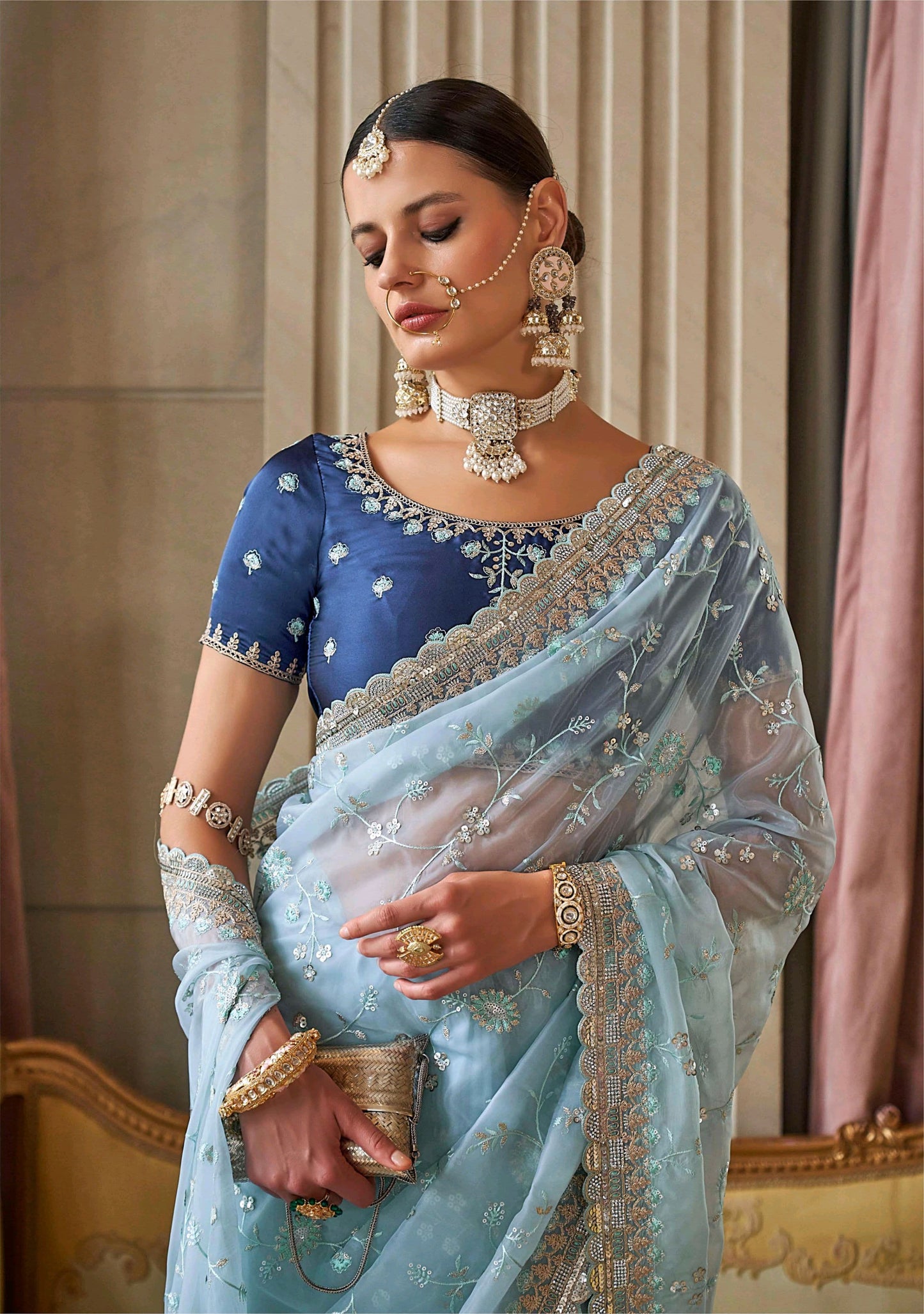 Sky color tissue saree for women price
