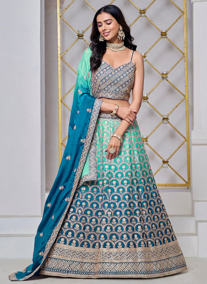 Sky color chinon lehenga choli for wedding