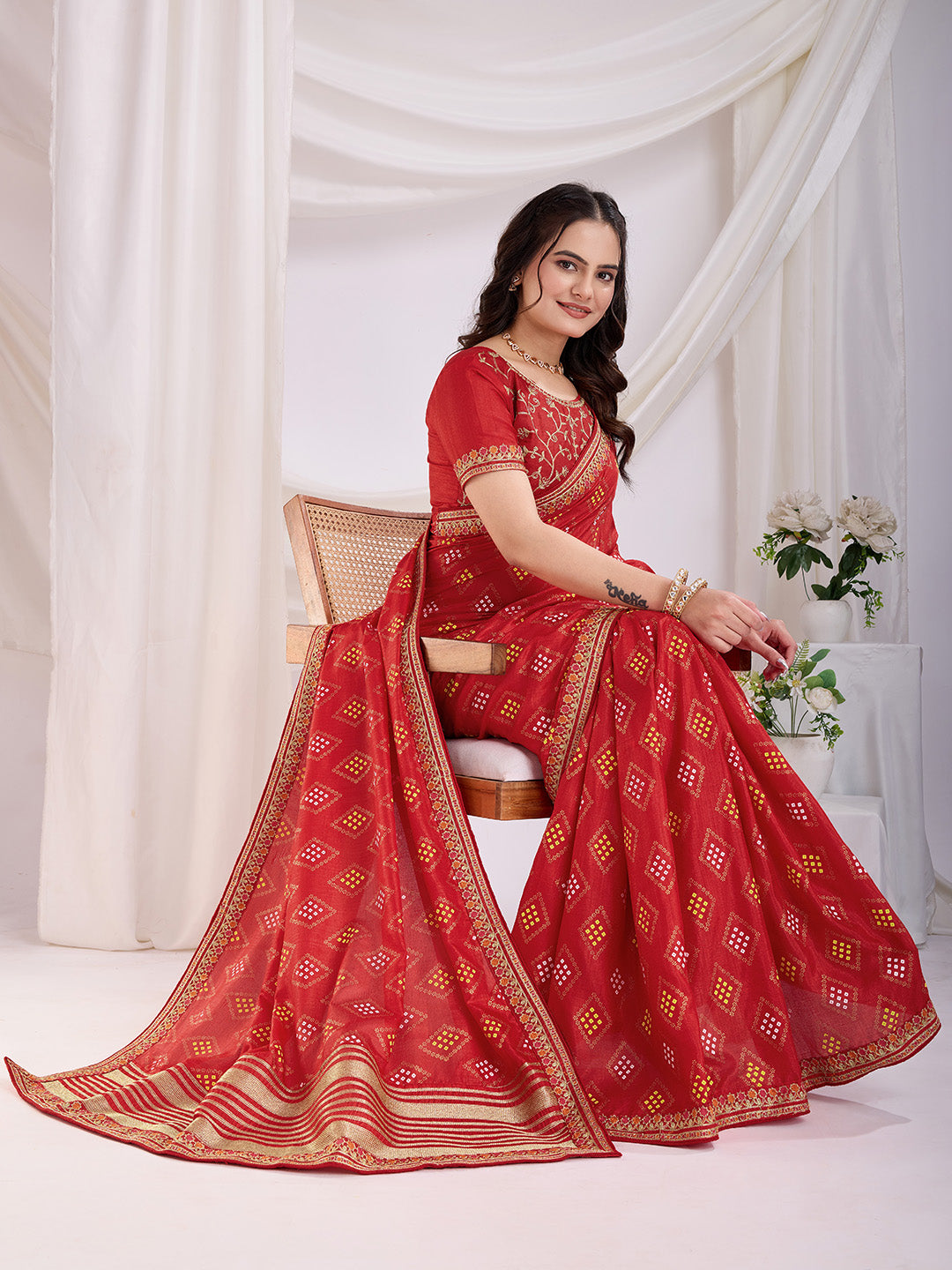 Red color vichitra silk saree for party