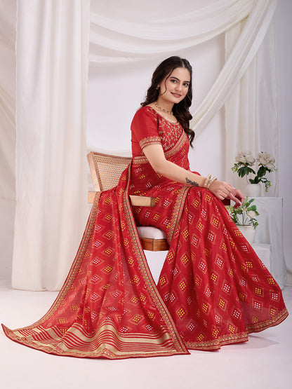 Red color vichitra silk saree for party
