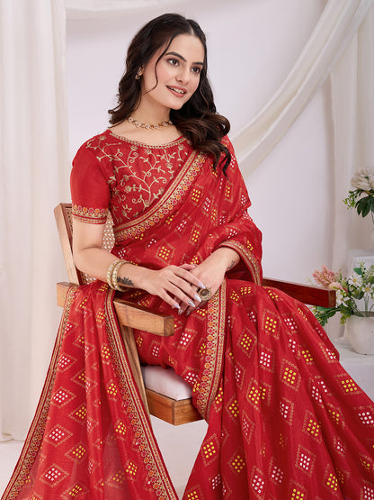 Red color vichitra silk saree for wedding