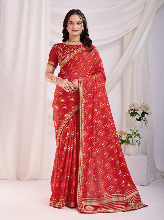 Red color vichitra silk saree with blouse online