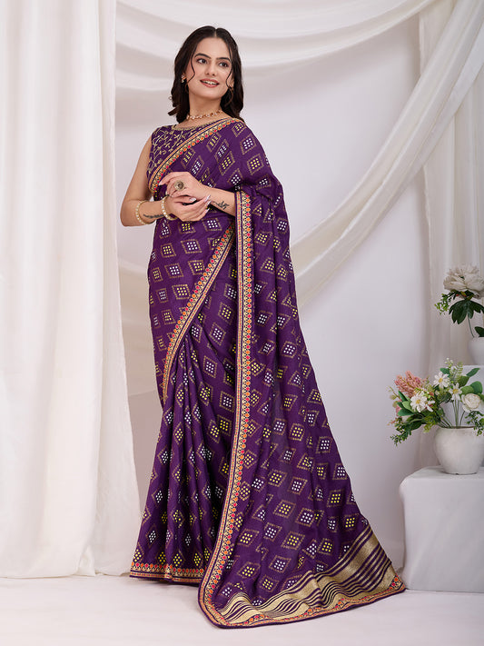 Violet color vichitra silk saree for women