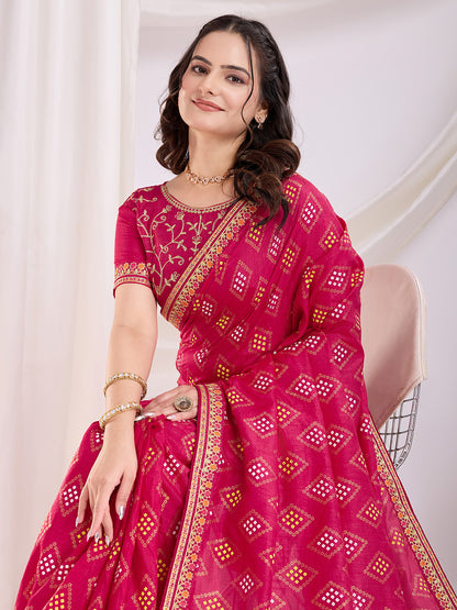 Pink color vichitra silk printed saree with blouse price