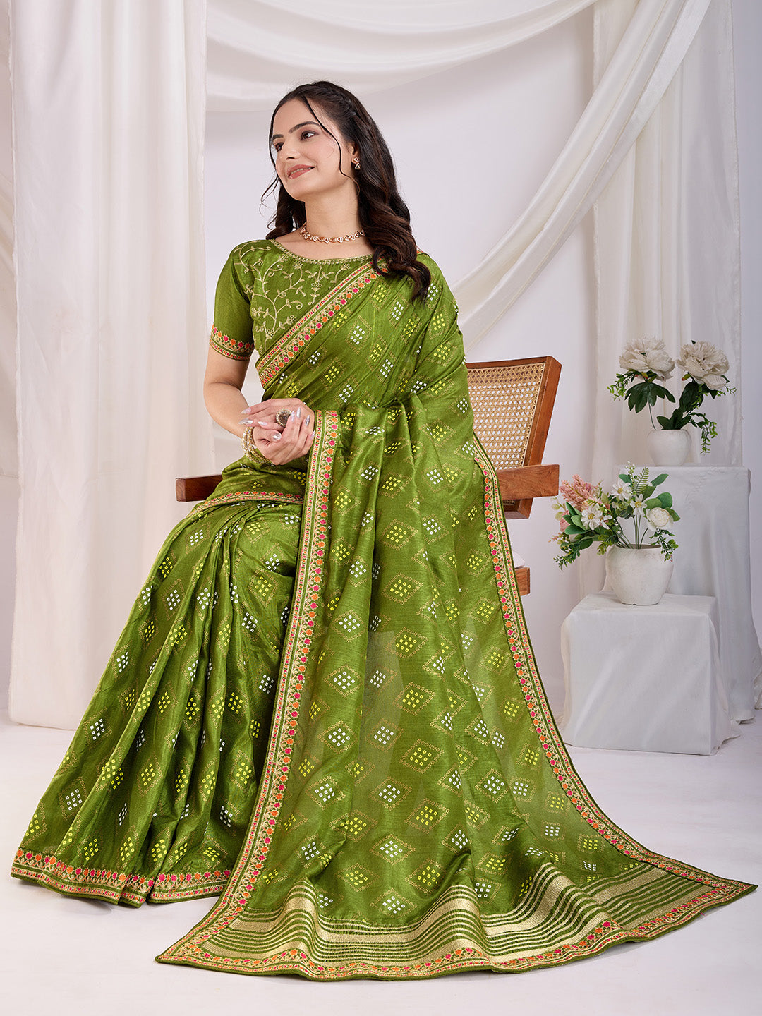 Green color vichitra silk saree with blouse online