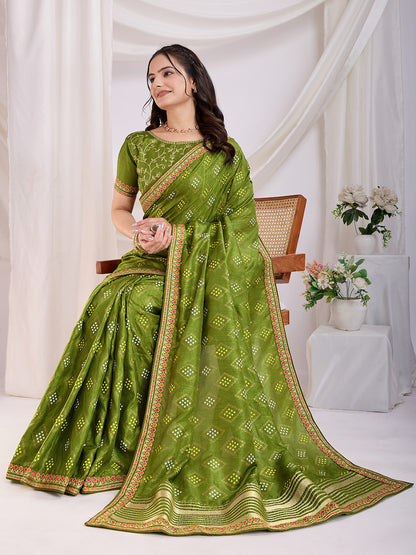 Green color vichitra silk saree with blouse online