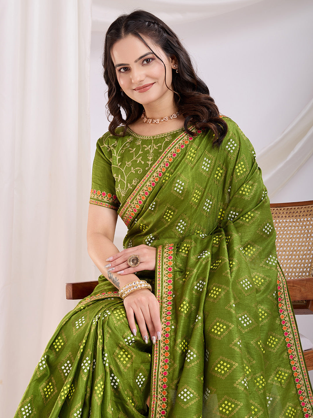 Green color vichitra silk saree for party