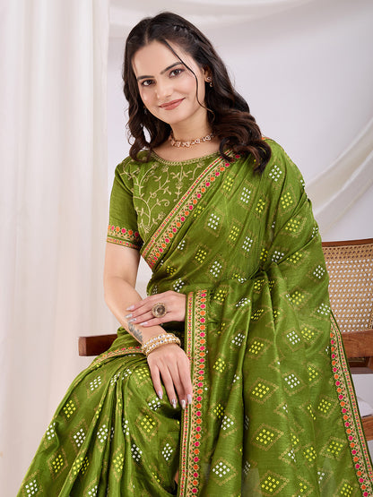 Green color vichitra silk saree for party