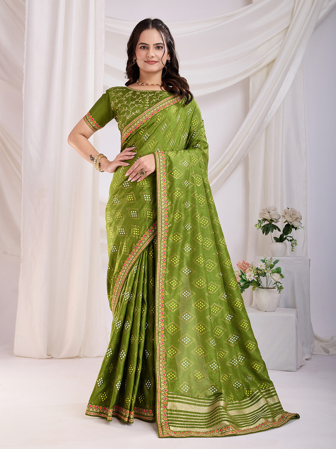 Green color vichitra silk saree for women