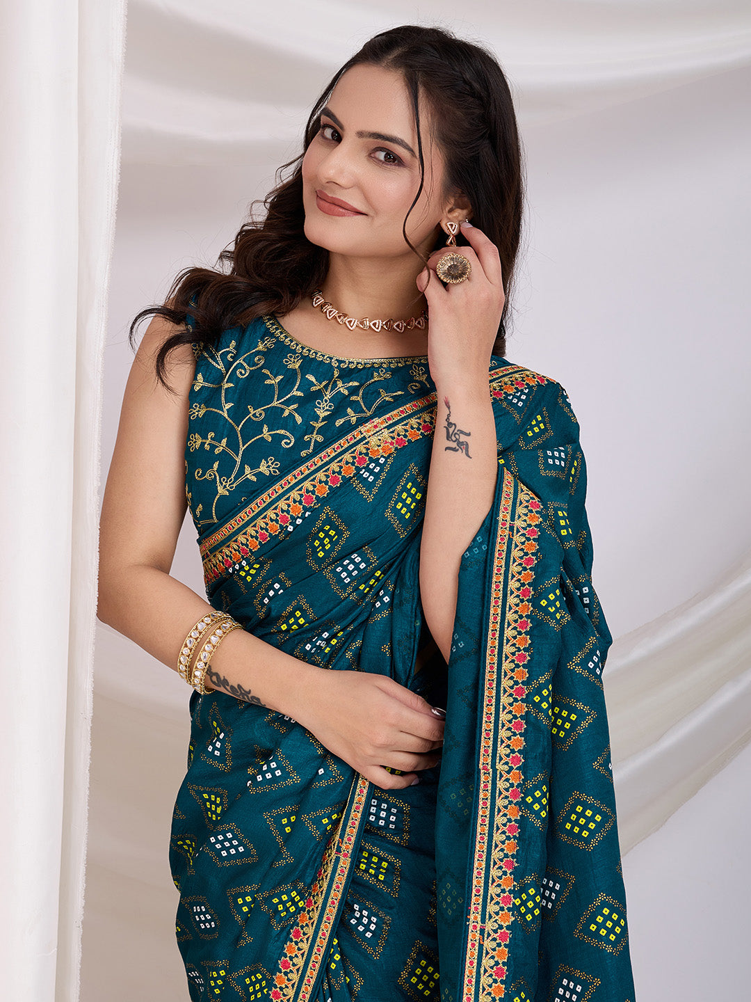 Teal blue color vichitra silk saree with online shopping