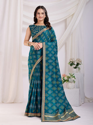 Teal blue color vichitra silk saree for women